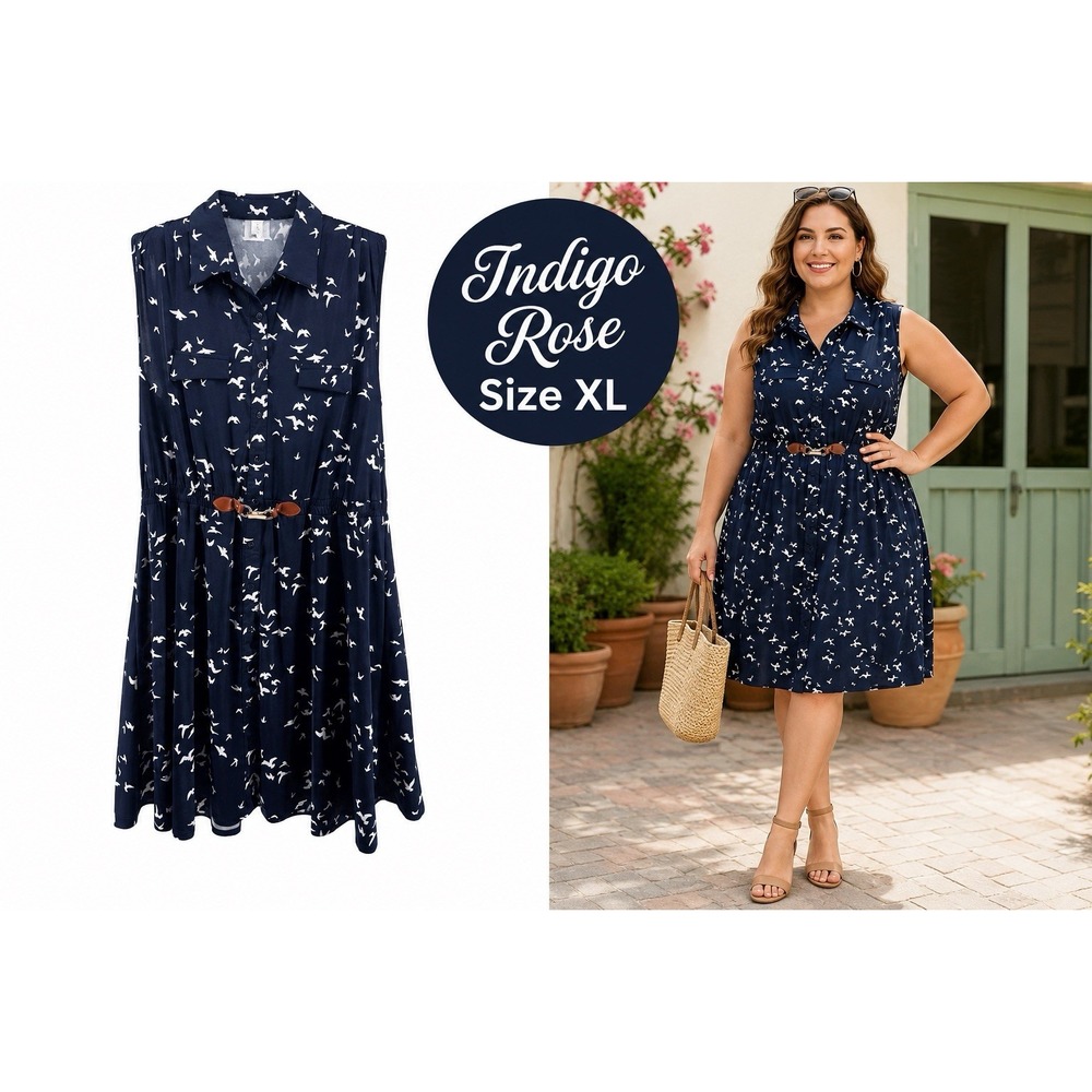 Indigo Rose Women's XL Navy Bird Print Shirt Dress Sleeveless Belted Resort